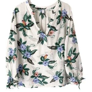 Old Navy Women's Tropical Linen Cotton Blend Pullover Wrist Ties Tunic Blouse XL